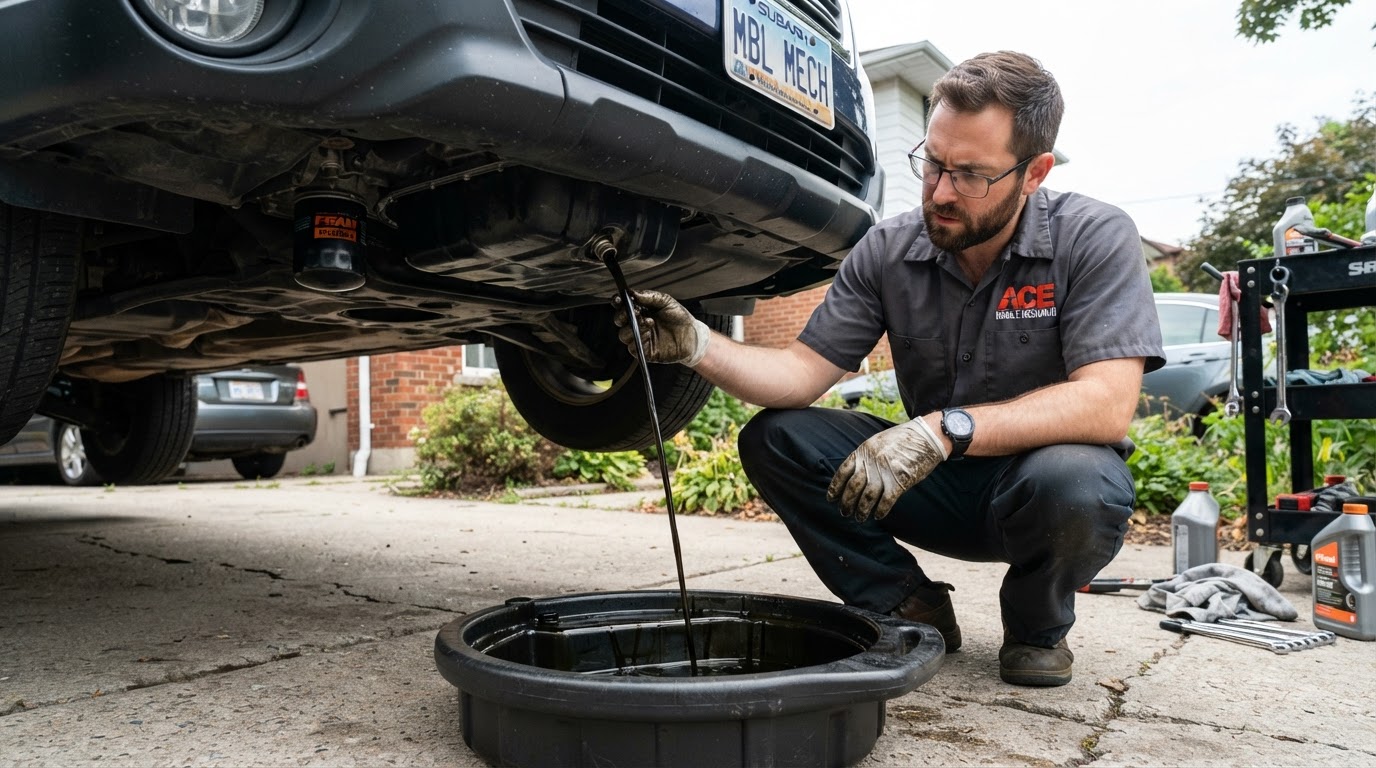 Mobile mechanic draining used engine oil from a vehicle into a drain pan in a driveway