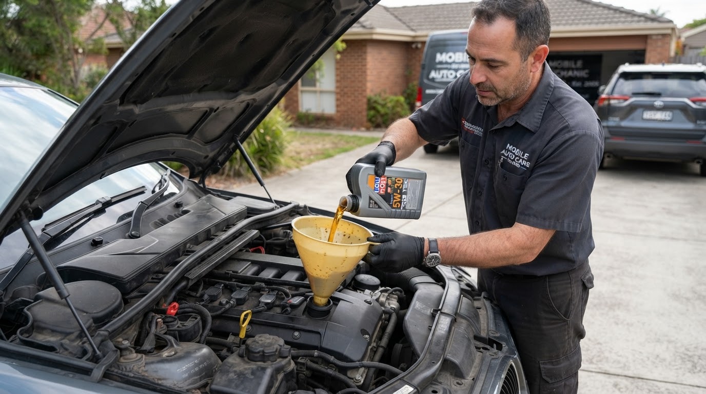Mechanic filling new engine oil through the oil filler cap with a funnel under the hood