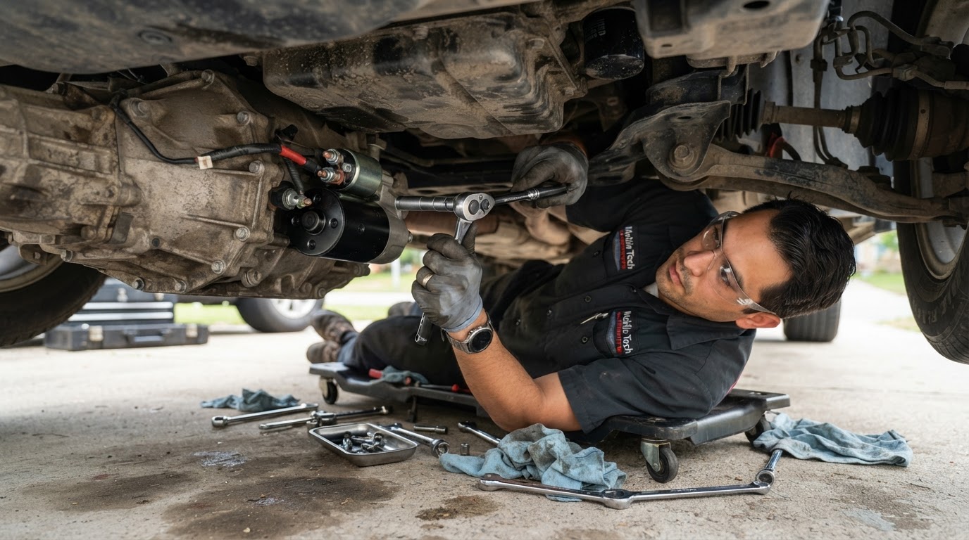Mobile mechanic installing a replacement starter motor under a vehicle with a ratchet
