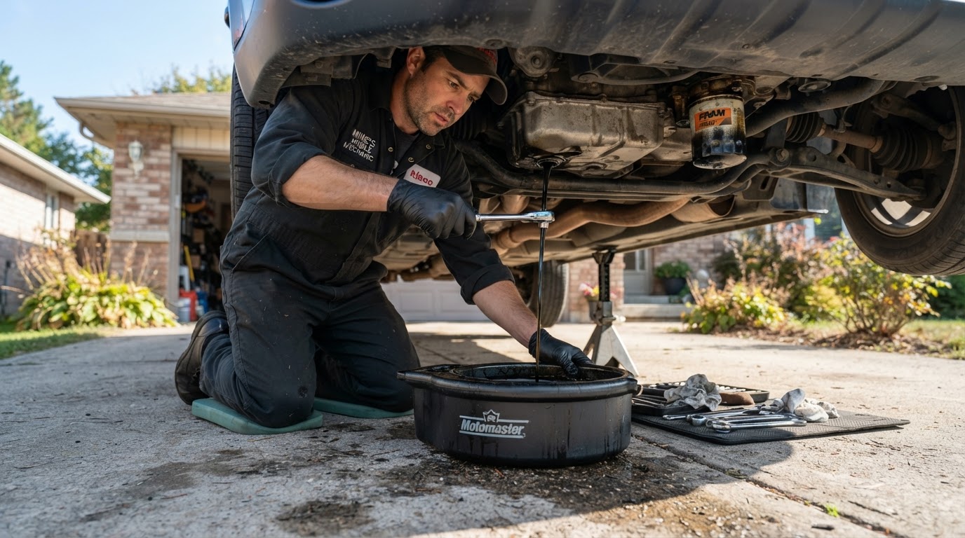 Mobile mechanic draining used engine oil from a vehicle oil pan into a drain pan