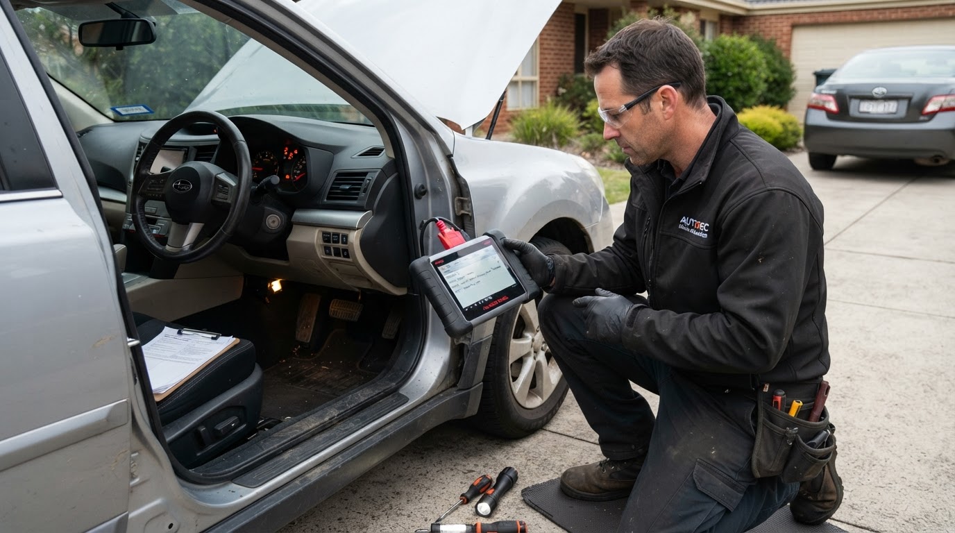 Mechanic scanning a vehicle's computer with an OBD-II scanner during on-site diagnostics