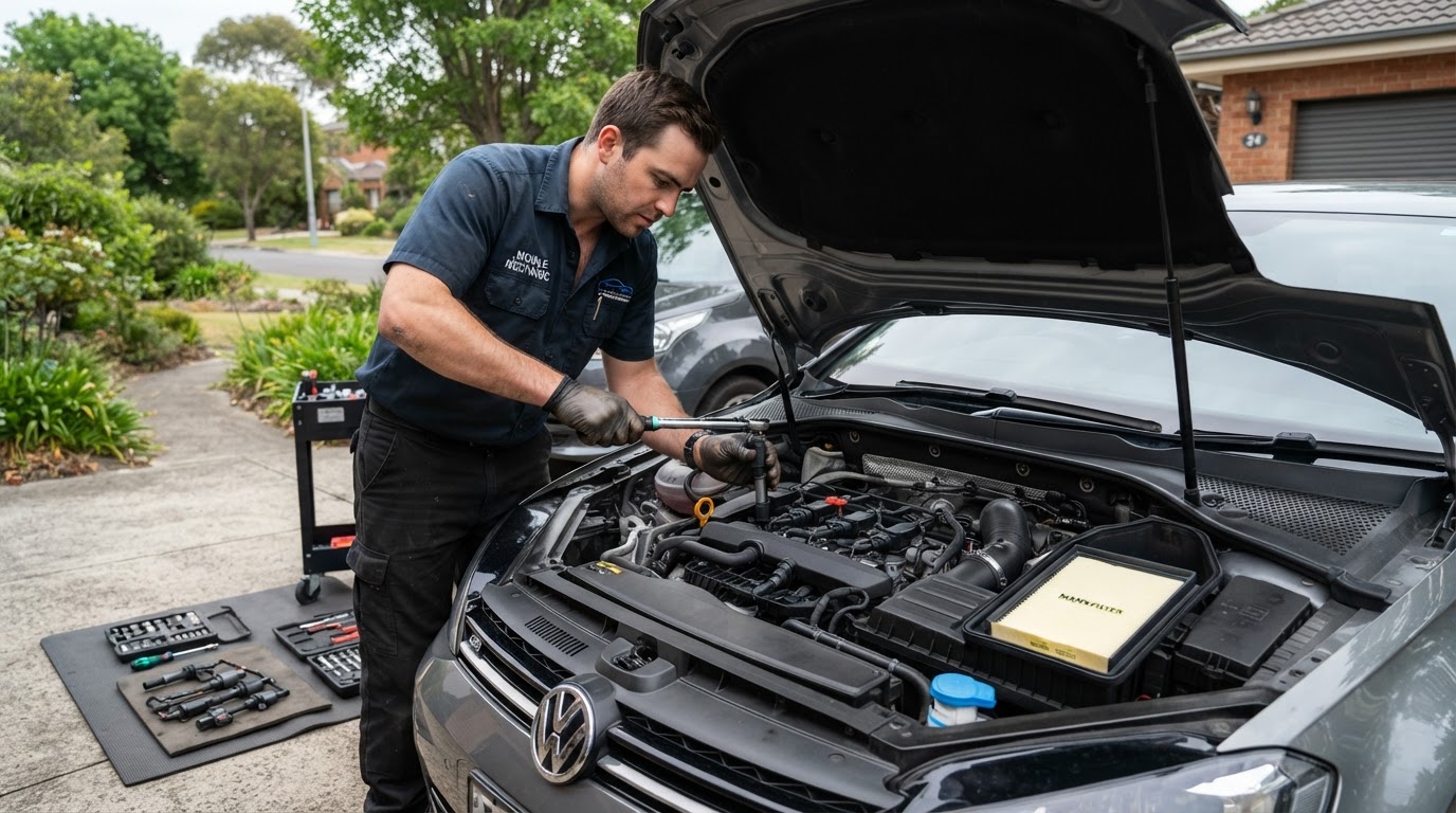 Mobile mechanic performing a tune-up, inspecting ignition coils and air filter under the hood in Bloomington, Indiana