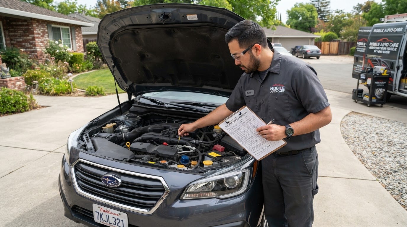 Mobile mechanic performing a multi-point inspection on a vehicle with a clipboard checklist