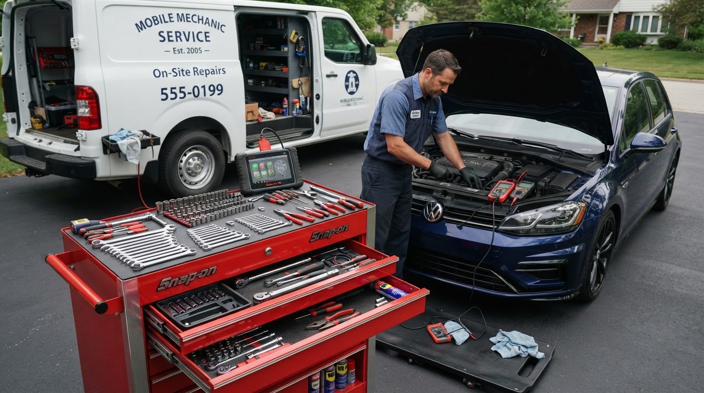 Organized mobile mechanic tool chest with wrenches, sockets, and diagnostic tools laid out