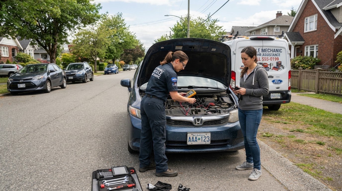 Mobile mechanic providing roadside assistance, diagnosing a vehicle at the roadside in Bloomington, Indiana
