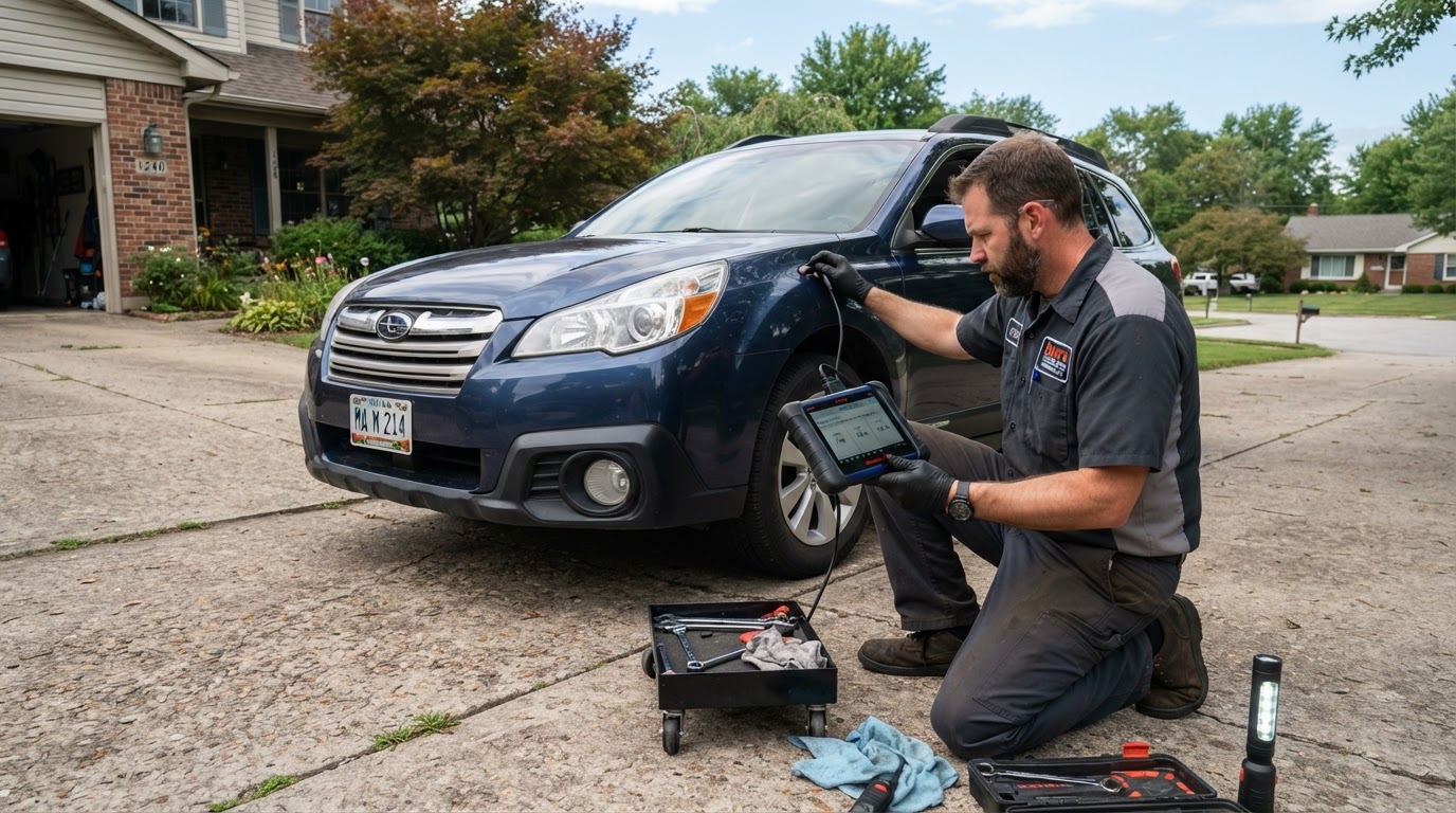 Mobile mechanic diagnosing a check engine light on a vehicle in a Martinsville, Indiana driveway