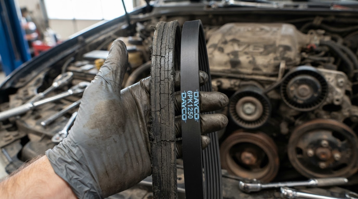 Worn cracked serpentine belt next to a new belt held in a gloved hand for comparison