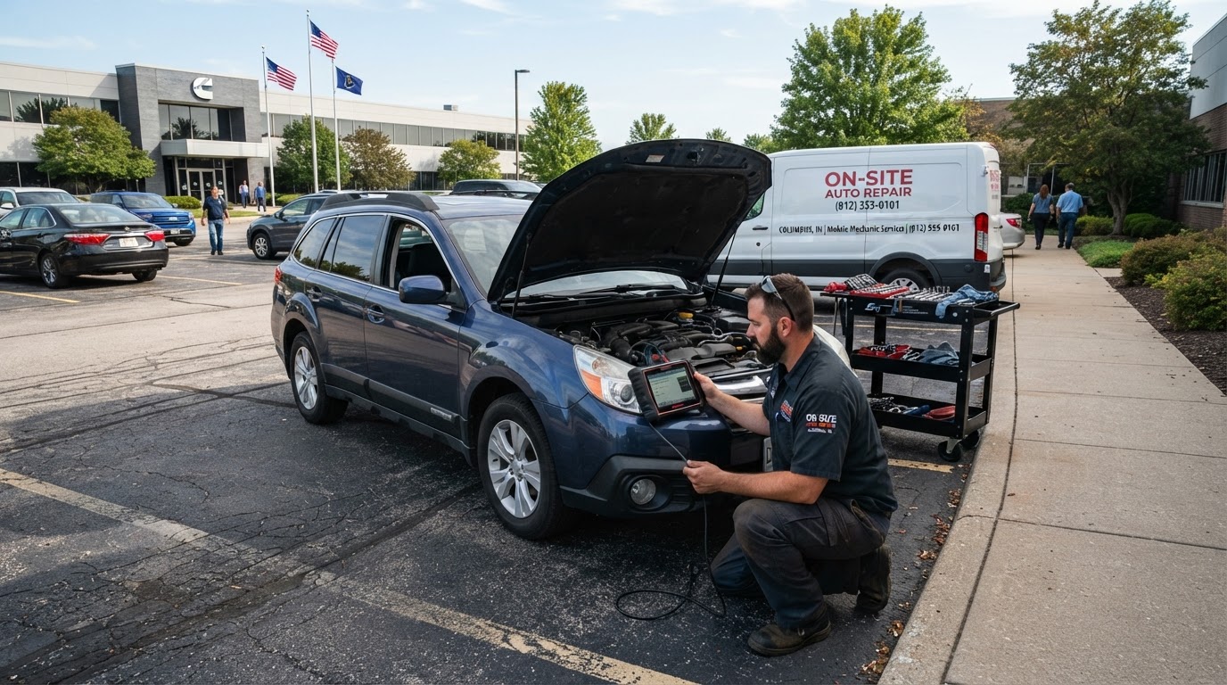 Mobile mechanic servicing a vehicle with a diagnostic scanner in a Columbus, Indiana workplace parking lot