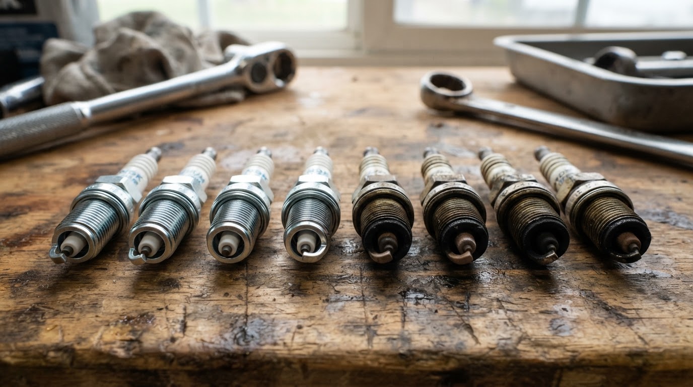 New iridium spark plugs next to worn old spark plugs showing electrode wear