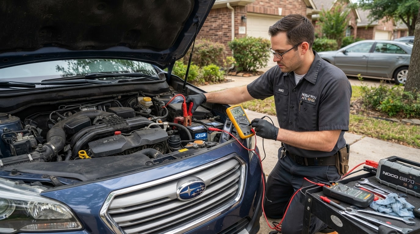 Mobile mechanic testing a car battery and starting system during a no-start diagnosis in Bloomington, Indiana