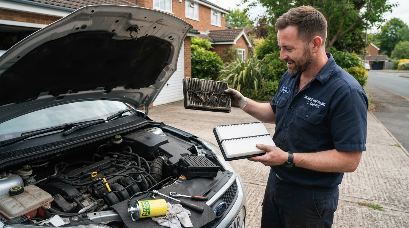 Mechanic inspecting a dirty and clean engine air filter during scheduled maintenance