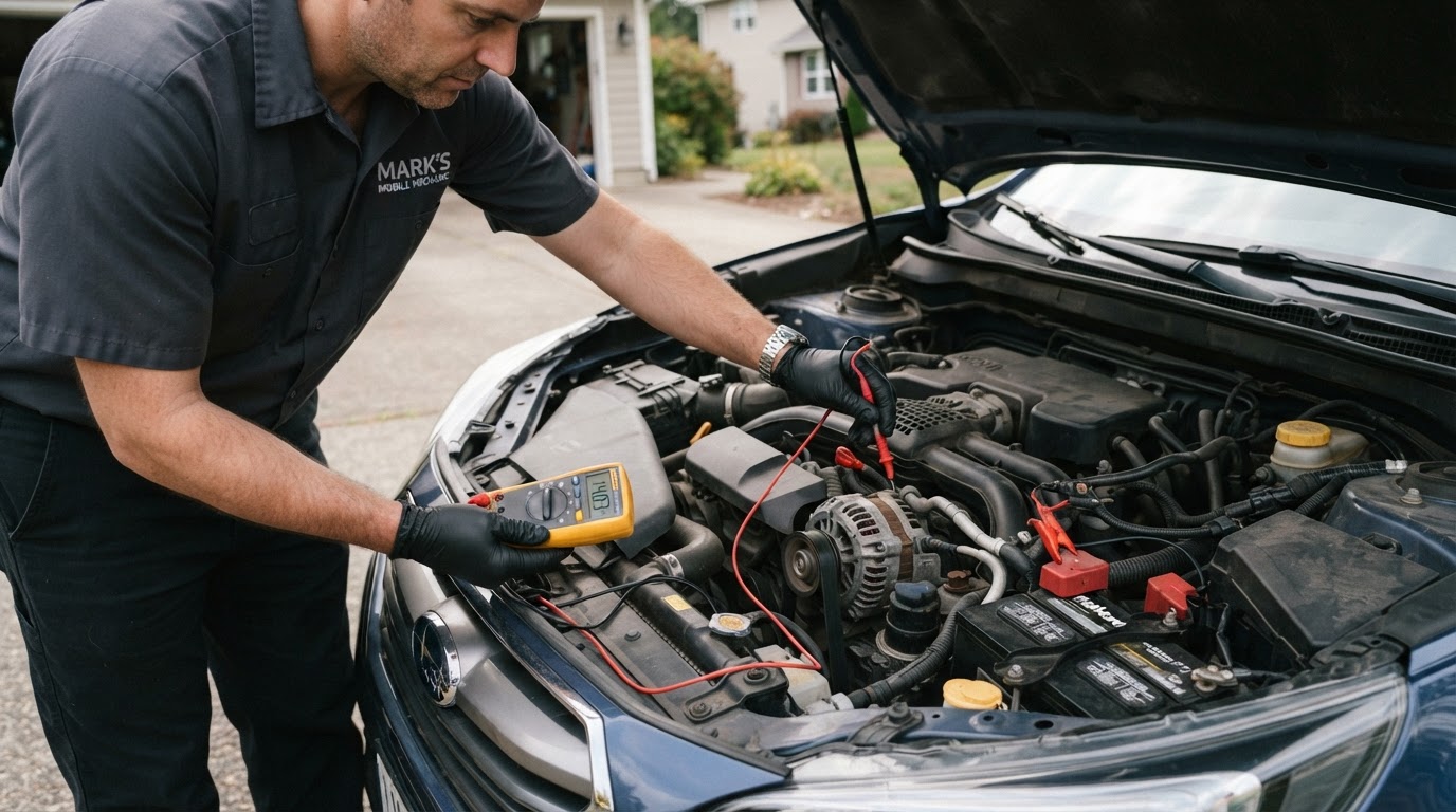 Mechanic testing alternator charging voltage with a digital multimeter while the engine runs