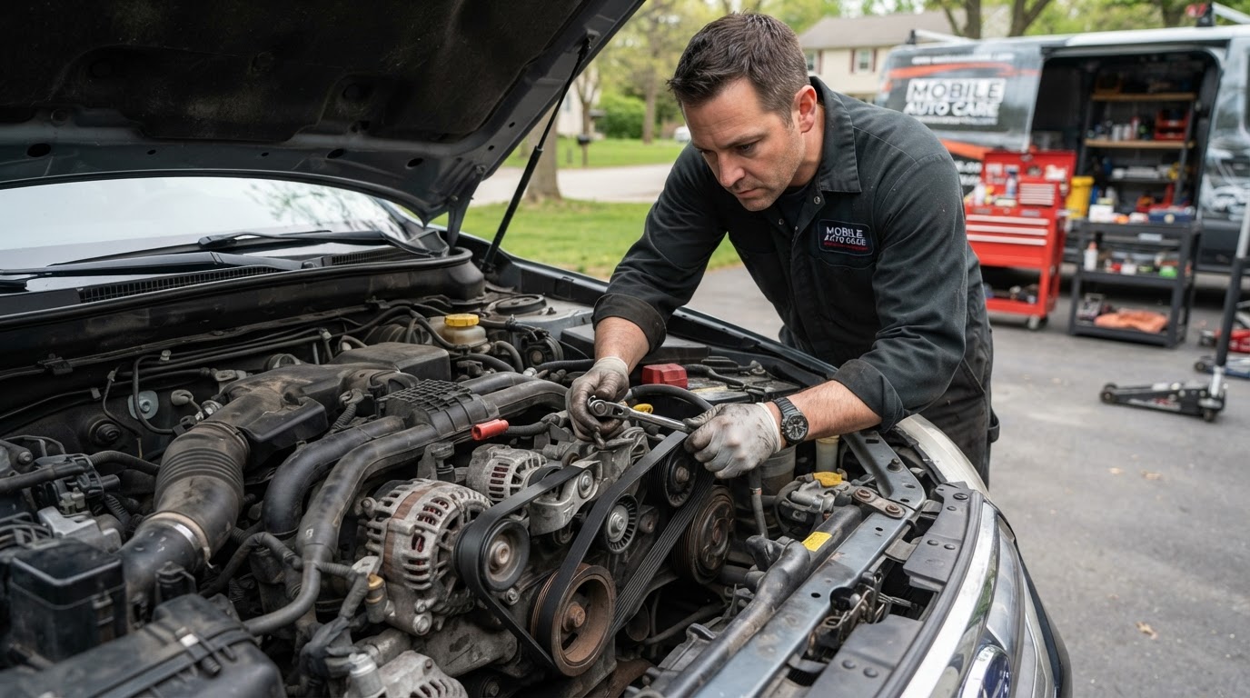 Mobile mechanic replacing a serpentine belt and routing it around engine pulleys in Bloomington, Indiana