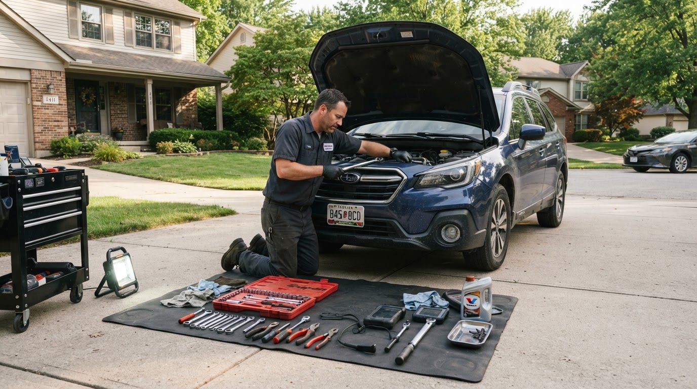 Mobile mechanic servicing a car in a suburban Bloomington, Indiana neighborhood