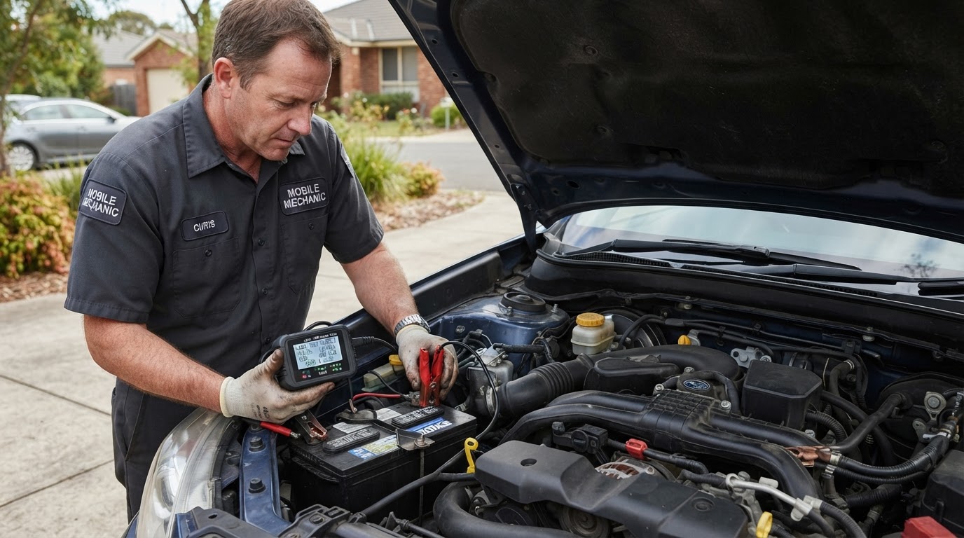 Mobile mechanic load-testing a car battery with a digital analyzer under the hood