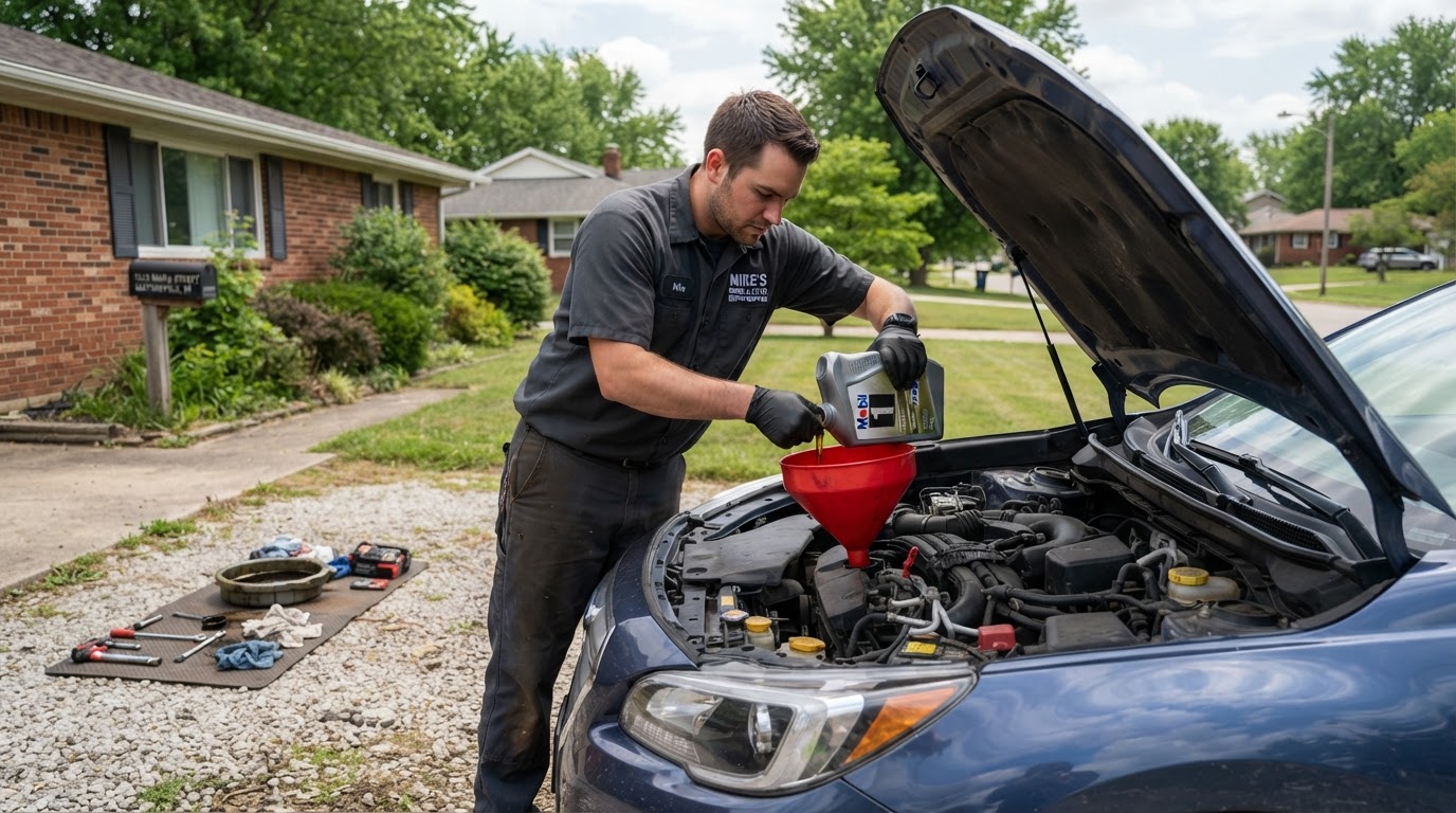 Mechanic filling engine oil with a funnel under the hood in a Martinsville, Indiana driveway