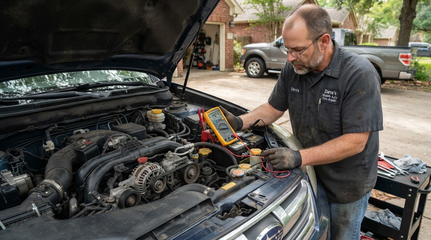 Mechanic testing charging system output at the battery with a multimeter, reading voltage
