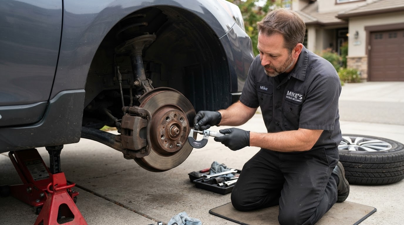 Mobile mechanic measuring a brake rotor with a micrometer during on-site brake service in Bloomington, Indiana