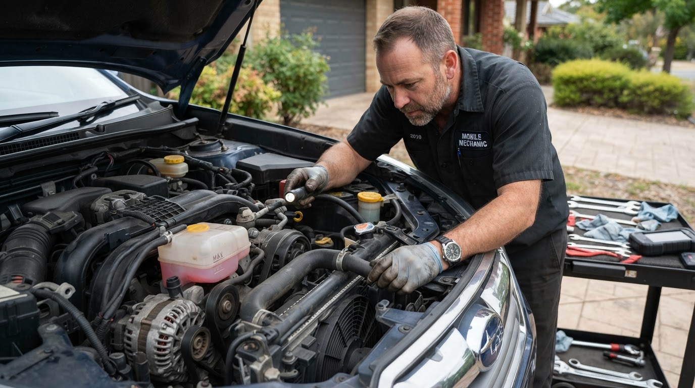 Mechanic inspecting a vehicle radiator, hoses, and cooling fan assembly for overheating causes