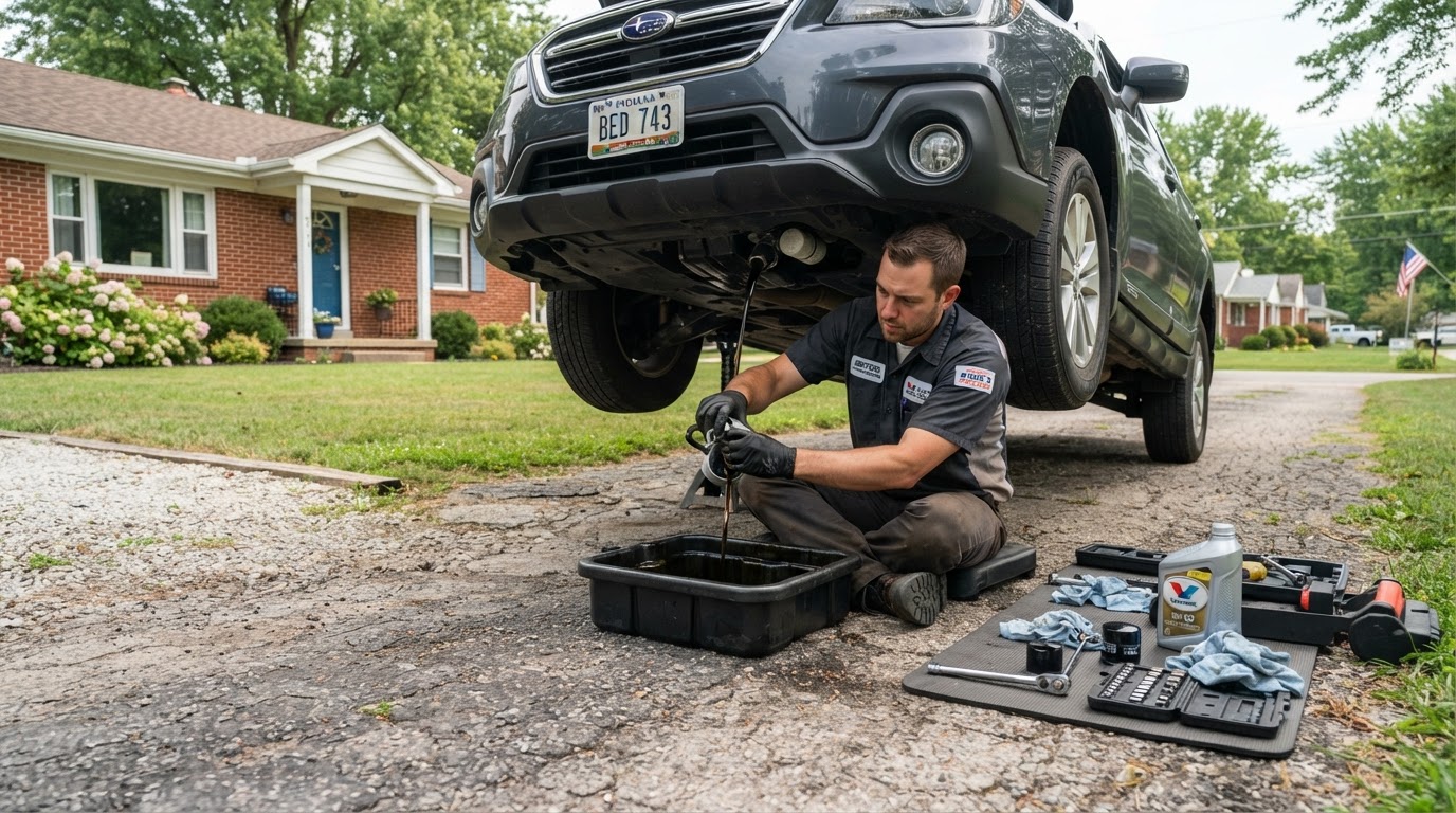 Mobile mechanic performing an oil change on a vehicle in a Bedford, Indiana driveway