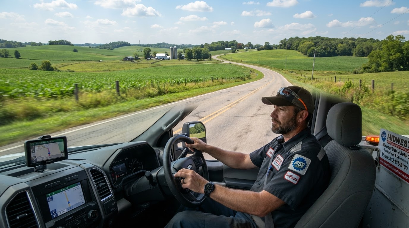 Mobile mechanic's service vehicle traveling on a rural Indiana highway toward a customer