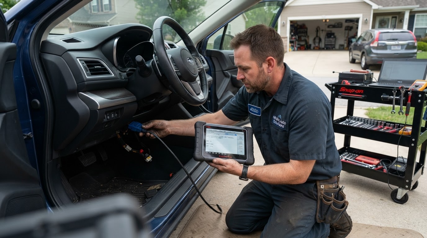 Mobile mechanic connecting an OBD-II diagnostic scanner to a vehicle's data port during a check engine light diagnosis