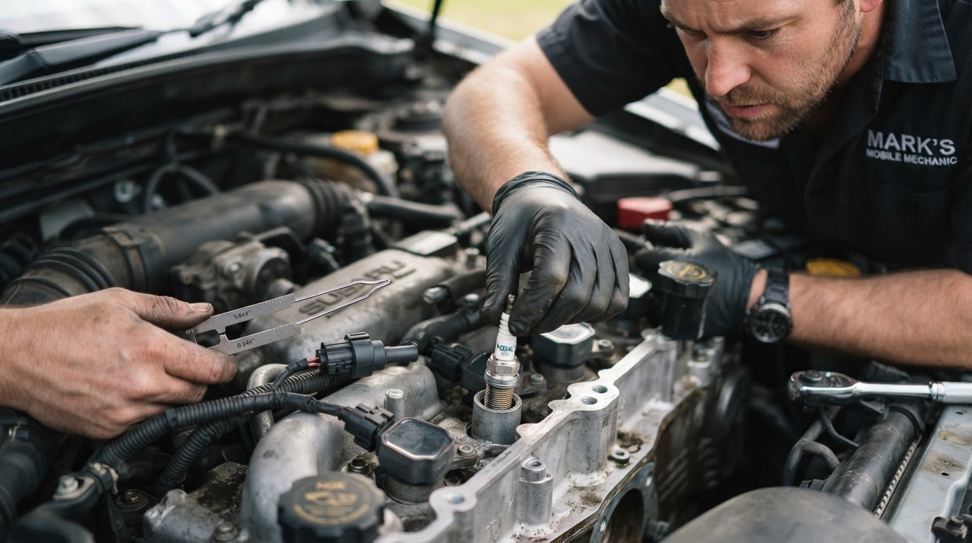 Mobile mechanic installing new spark plugs into a car engine cylinder head in Bloomington, Indiana