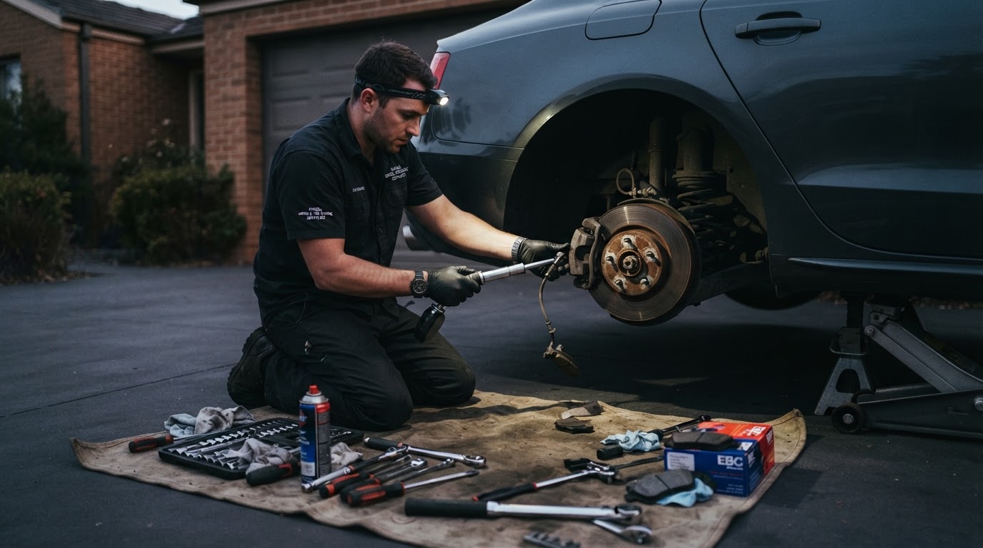 Mobile mechanic replacing brake pads and inspecting a brake rotor in Bloomington, Indiana