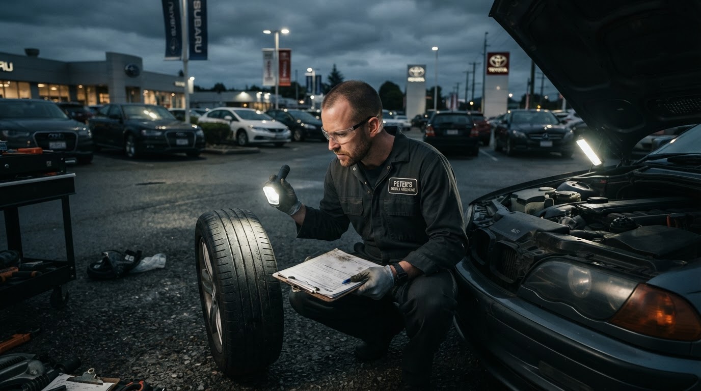 Mobile mechanic inspecting a used car before purchase in Bloomington, Indiana