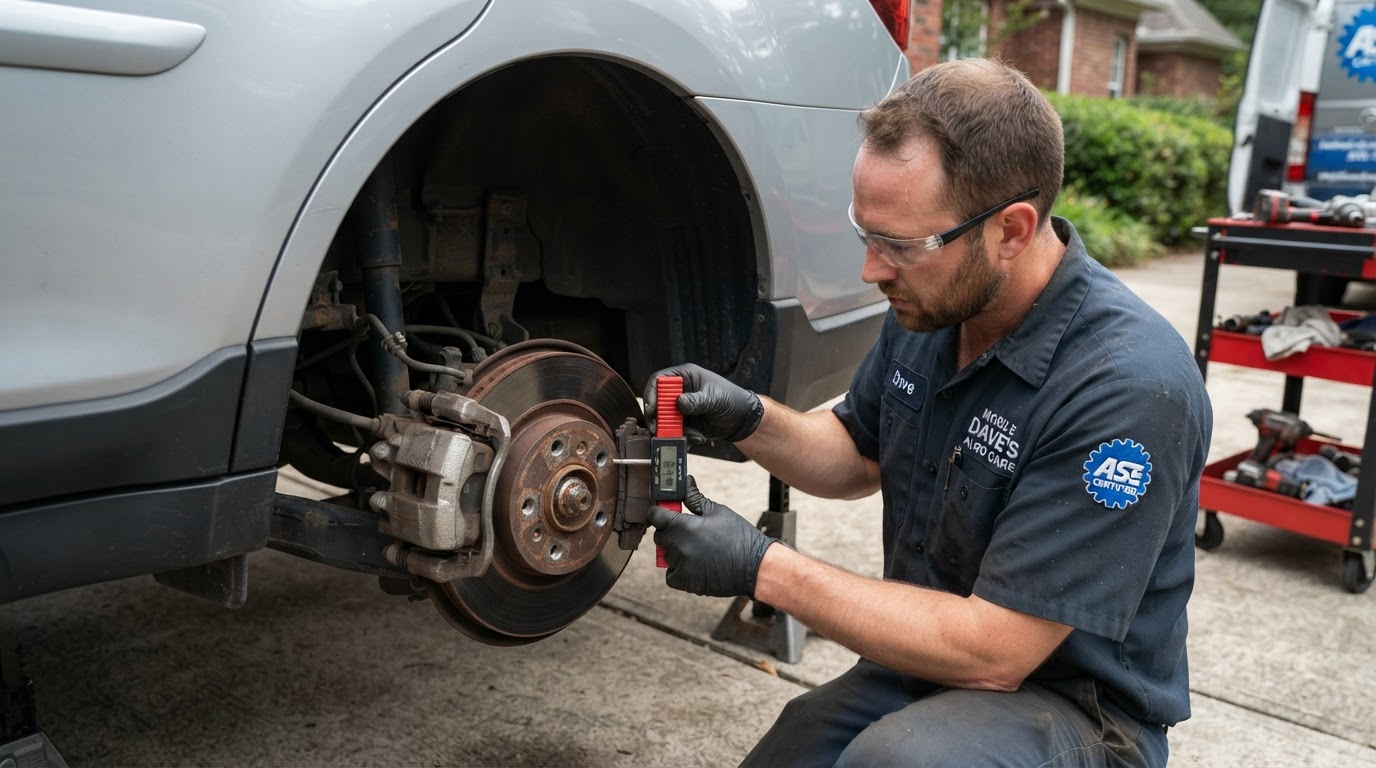 Mechanic inspecting a brake caliper and measuring pad thickness with the wheel removed