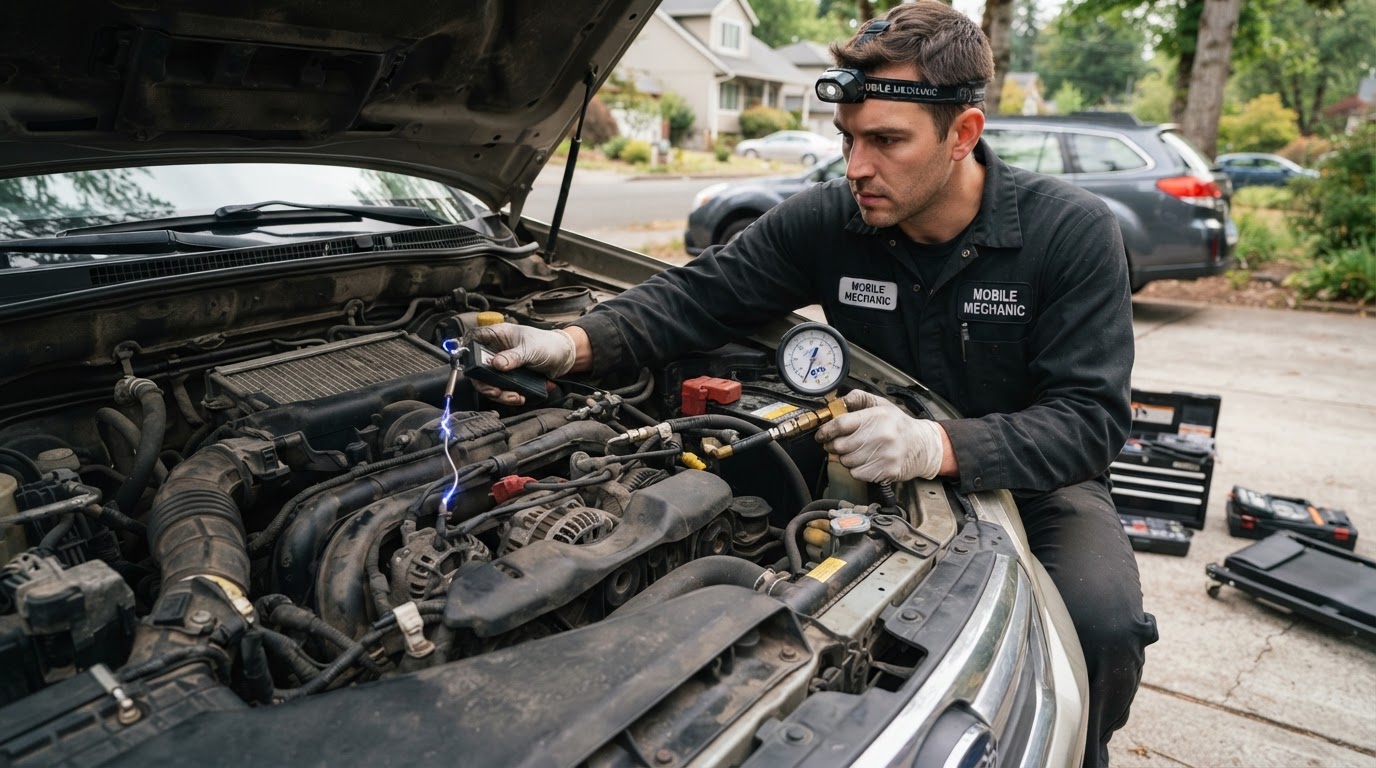 Mechanic checking fuel pressure and ignition spark on an engine that cranks but won't fire