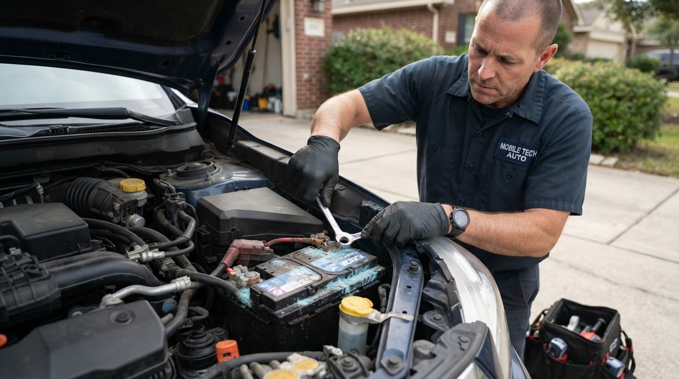 Mechanic inspecting battery cables and terminals for corrosion and tightness with a wrench