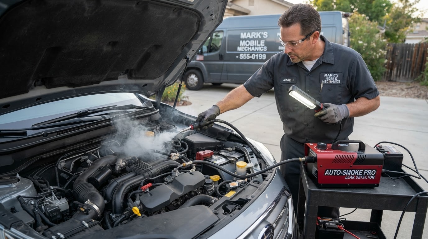 Mechanic using a smoke machine to test an engine vacuum and evap system for leaks