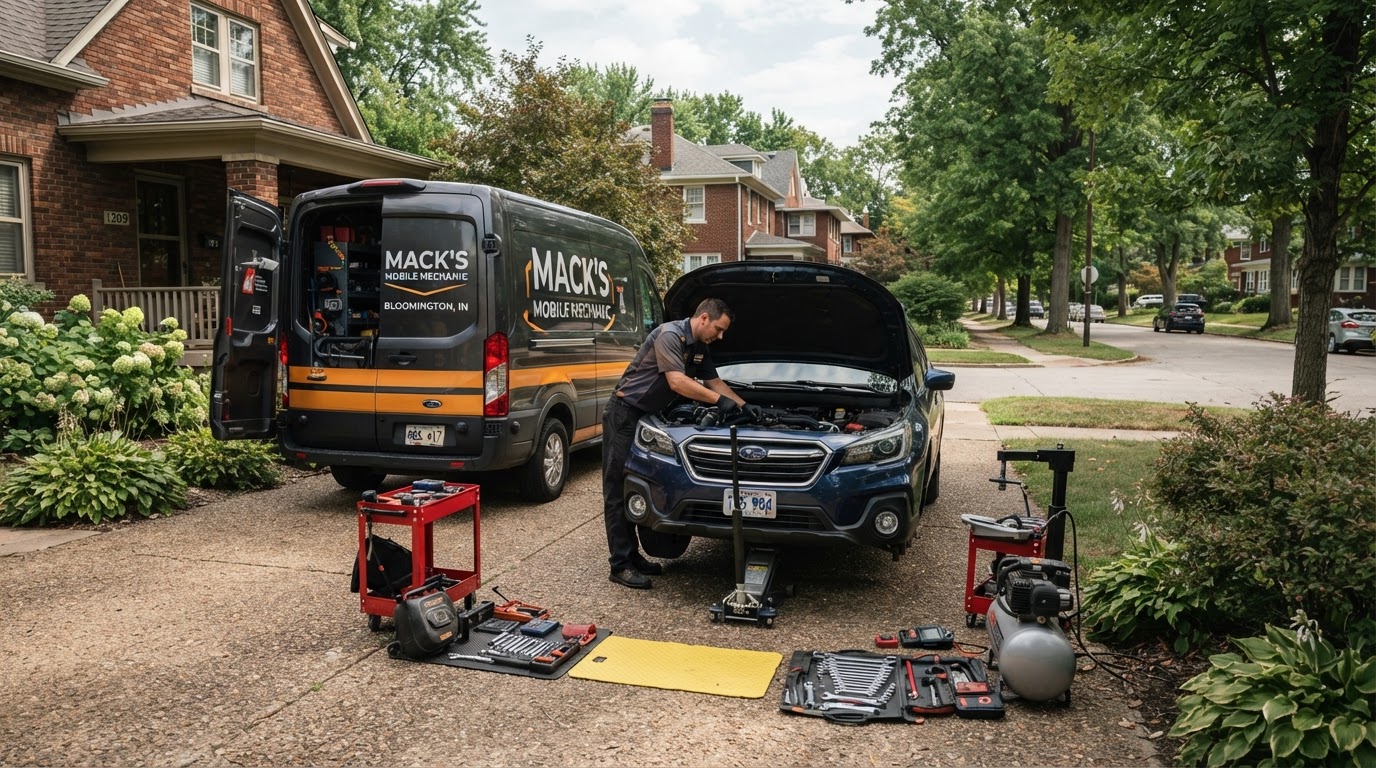 Mobile mechanic service van and tools at a customer's home in the Bloomington, Indiana service area
