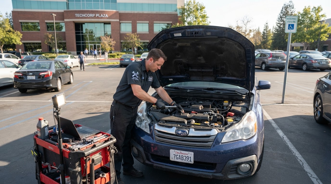 Mobile mechanic servicing a vehicle in a workplace parking lot with the hood up