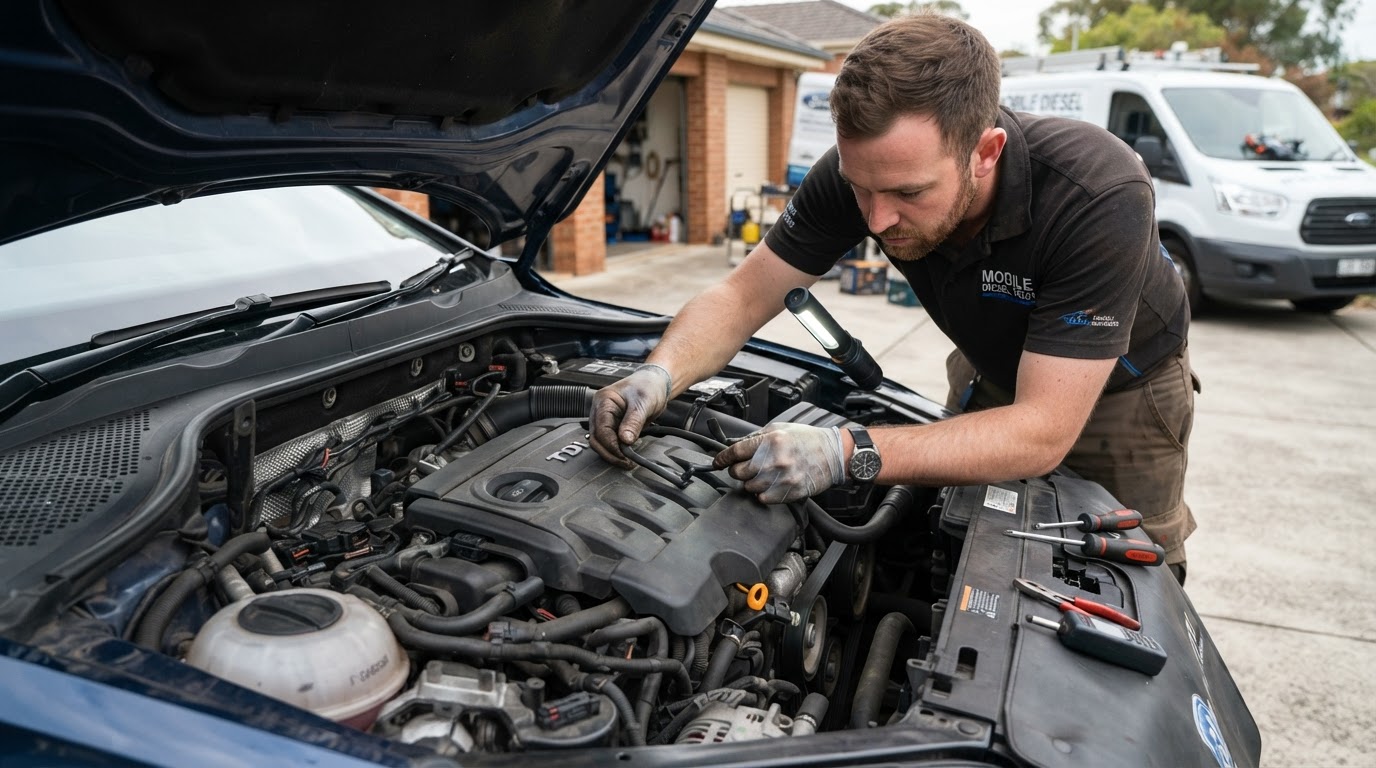 Mechanic inspecting engine bay sensors and vacuum hoses with a flashlight during on-site diagnostics