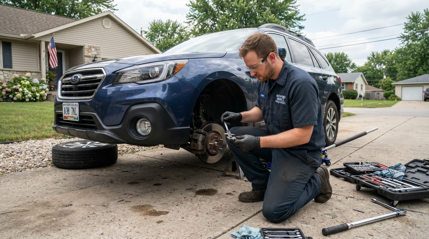 Mechanic inspecting brake pads on a vehicle in a Bedford, Indiana residential driveway