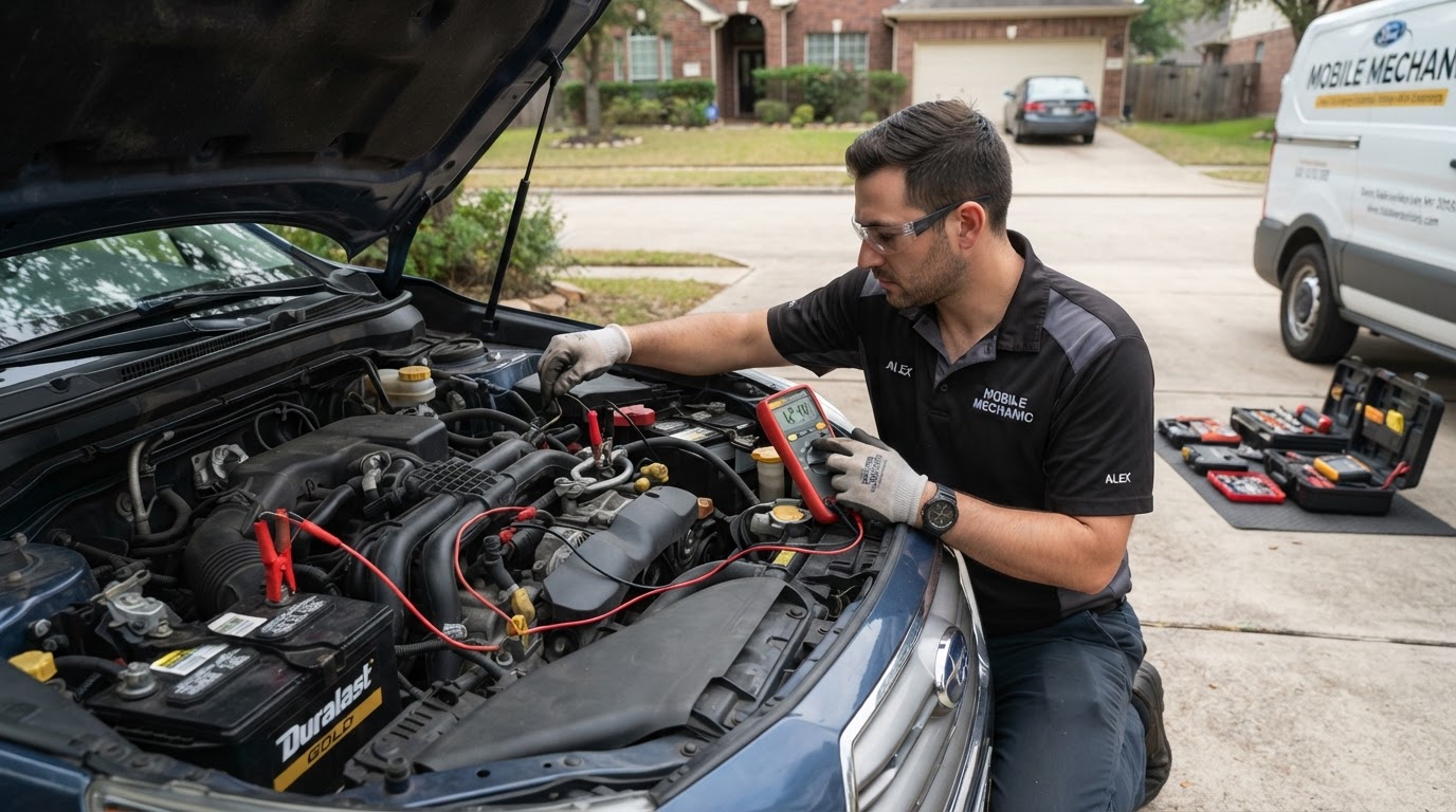 Mechanic testing a vehicle starting system with a multimeter at the battery and starter