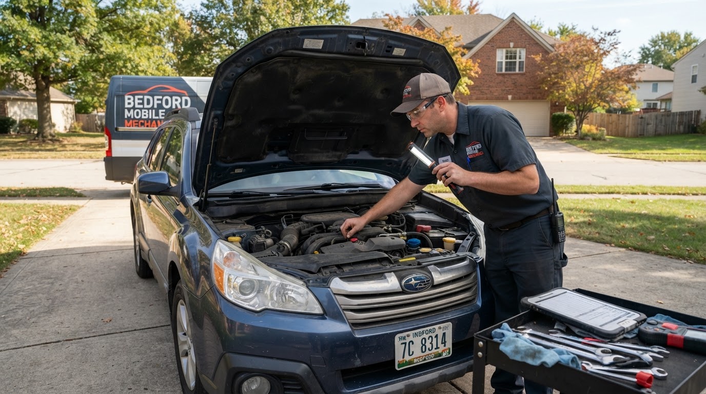 Mechanic performing a pre-purchase inspection on a used car in a Bedford, Indiana driveway