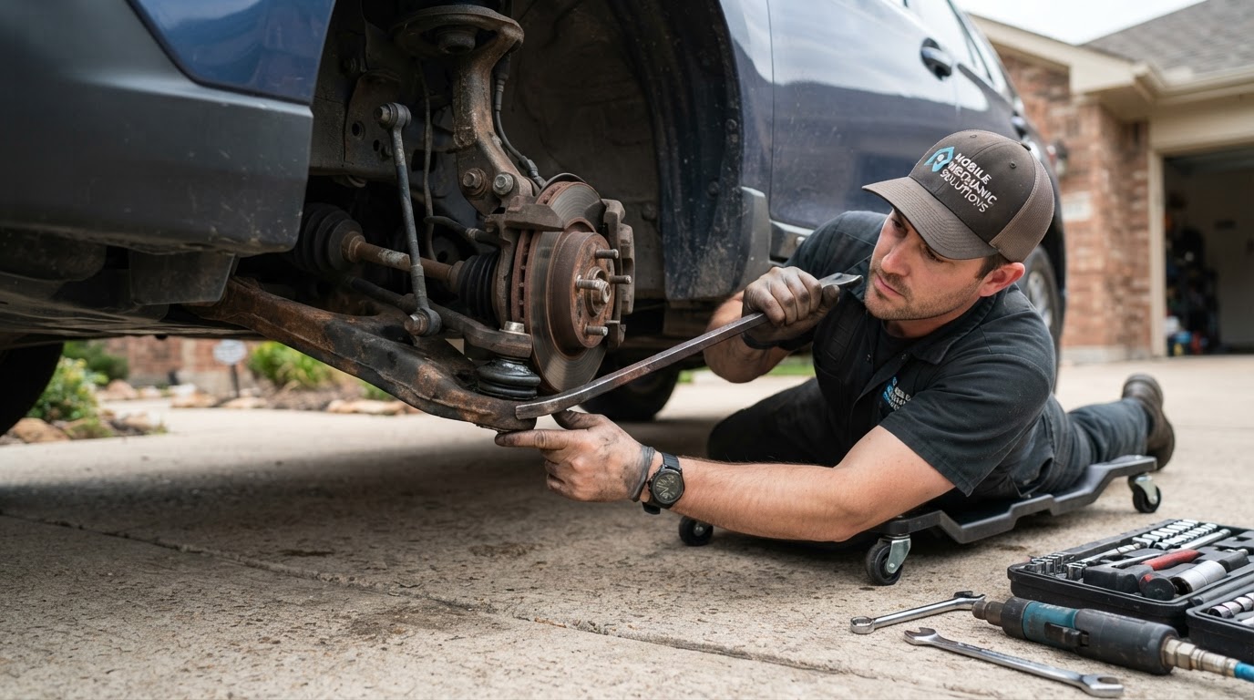 Mechanic inspecting a control arm ball joint and bushing under a vehicle with a pry bar