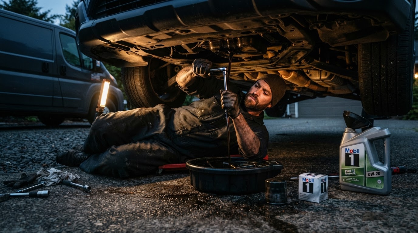 Mobile mechanic performing an oil change service on a car in a Bloomington, Indiana driveway