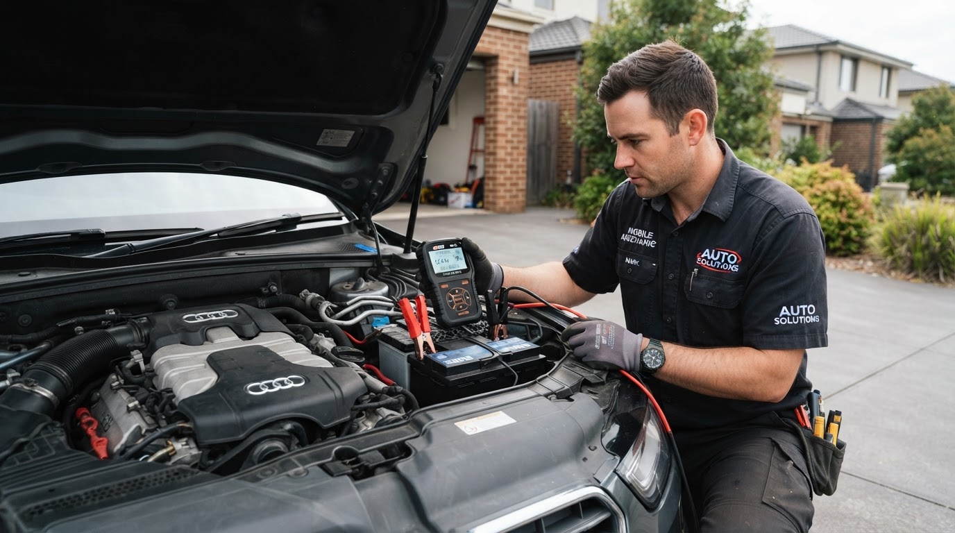 Mobile mechanic performing a battery load test with a digital tester during a no-start diagnosis