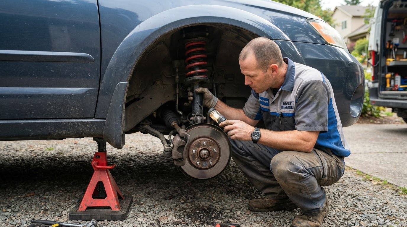 Mobile mechanic inspecting a car suspension, shock absorber and coil spring visible under the wheel well in Bloomington, Indiana