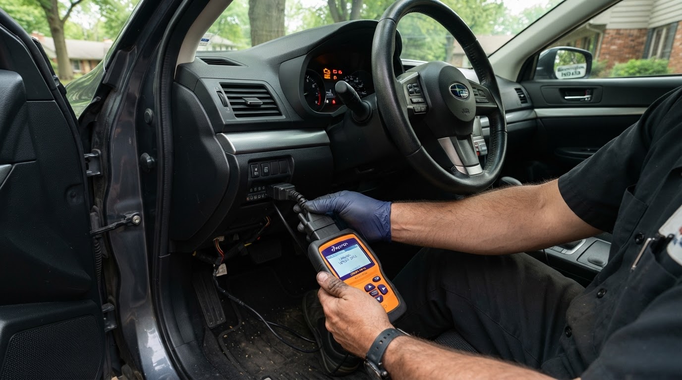 Mobile mechanic scanning a check engine light with an OBD-II diagnostic tool in a Bloomington, Indiana driveway