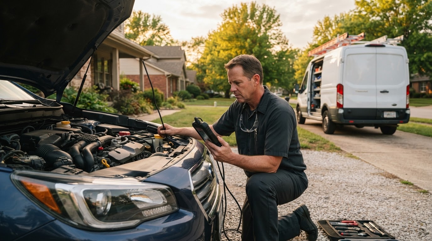 Mobile mechanic diagnosing a customer's car in a Bloomington, Indiana driveway