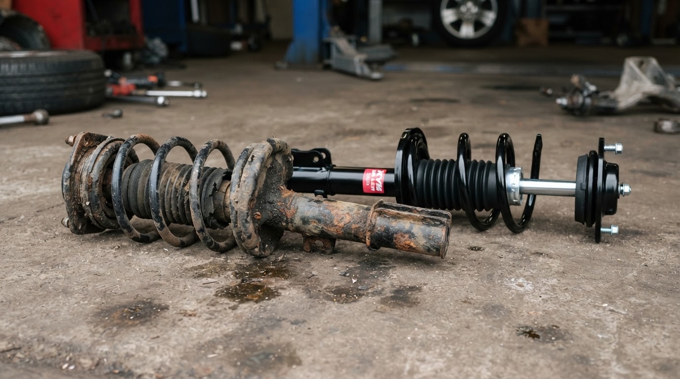 Worn suspension shock absorber and new replacement strut shown side by side