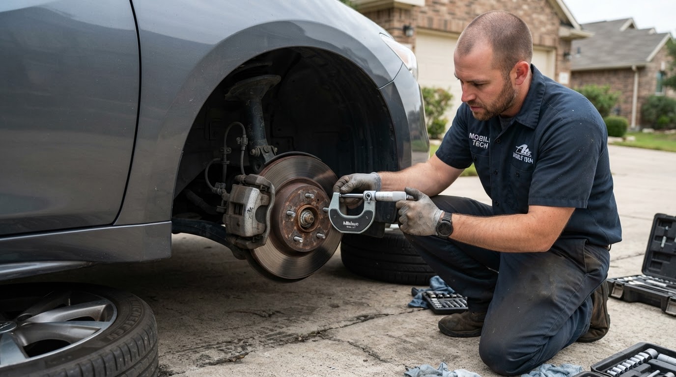 Mobile mechanic measuring brake rotor thickness with a micrometer during on-site brake service