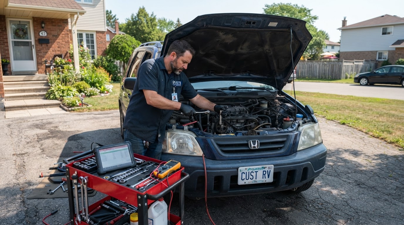 Mobile mechanic working under the hood of a customer's car in a residential driveway