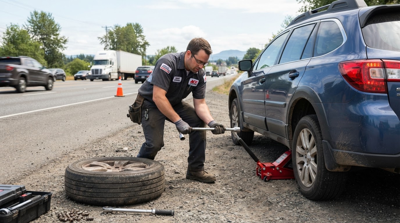Mechanic changing a flat tire at the roadside with a lug wrench and jack