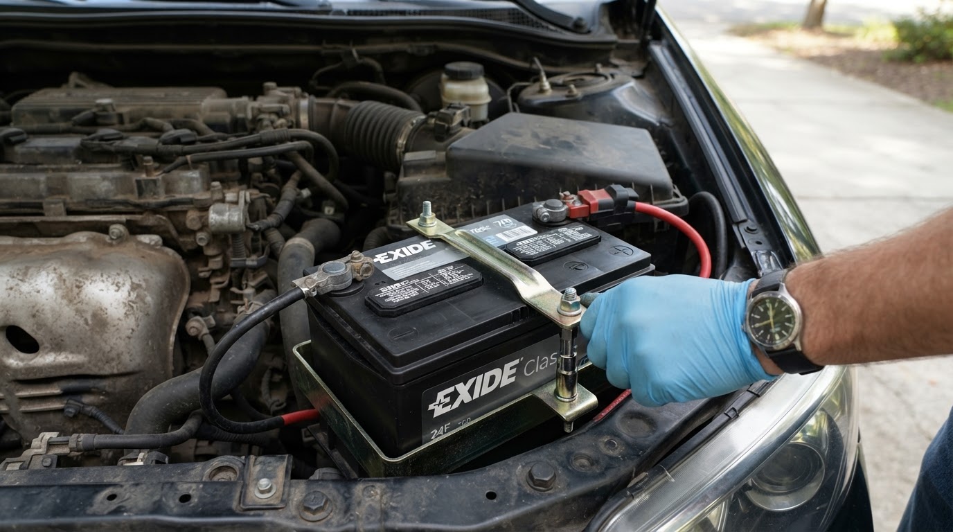 New car battery being installed and secured in an engine bay tray in a driveway